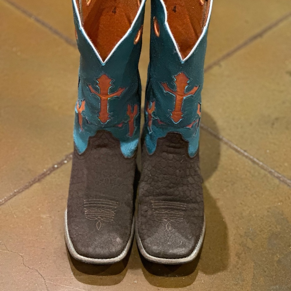 Ariat Ranchero Boots Kids 4/Women's 6 Style 10014120 Teal with Orange Cross